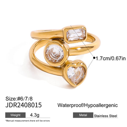 Stainless steel 18k gold-plated zircon heart-shaped ring