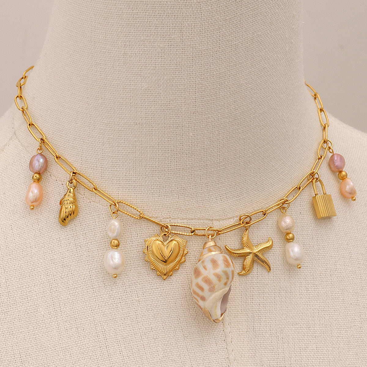 Stainless steel 18k gold-plated heart pearl ocean style necklace