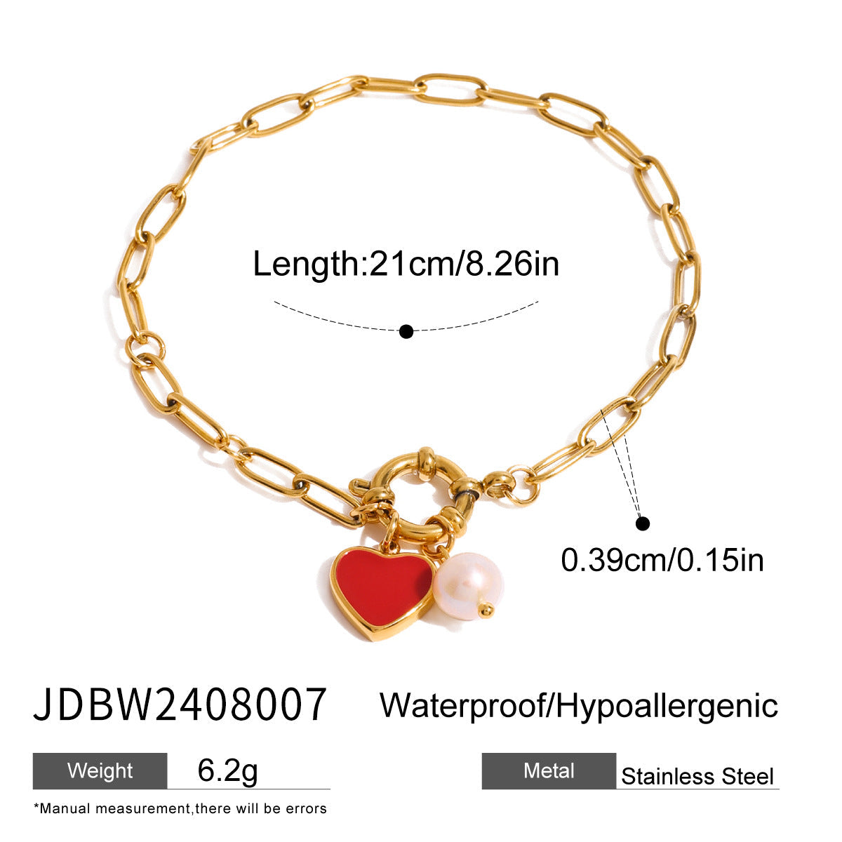 Stainless steel 18k gold-plated pearl heart bracelet