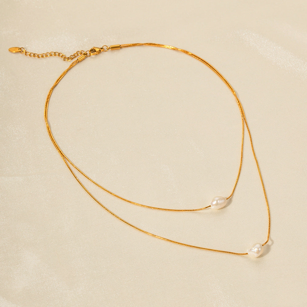 Stainless steel 18k gold-plated double-strand pearl necklace