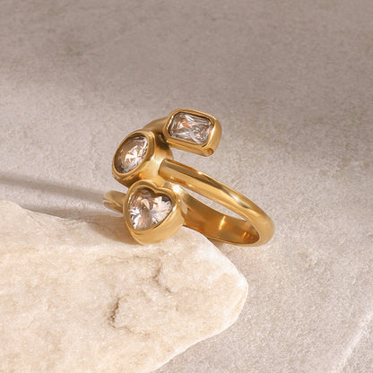Stainless steel 18k gold-plated zircon heart-shaped ring