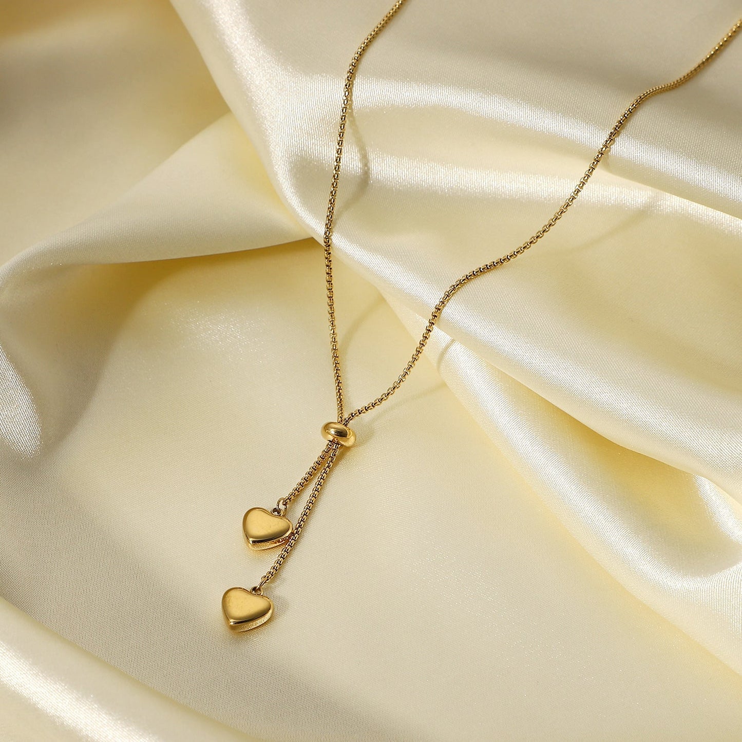 Stainless steel 14k gold-plated Y-shaped double-heart necklace