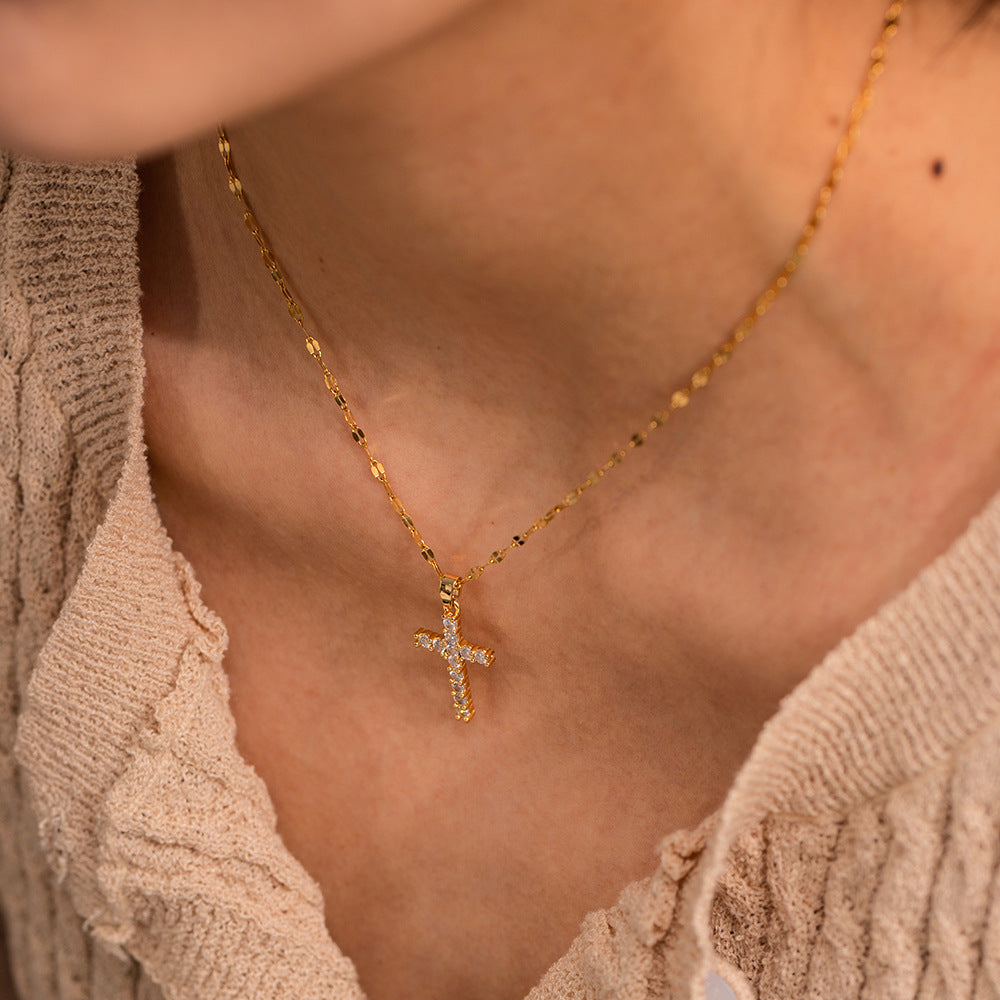 Stainless steel 18k gold-plated white zircon cross necklace