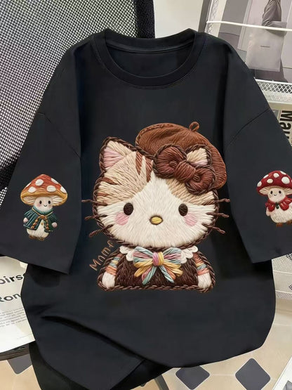 Embroidered Hello Kitty Oversized Cotton T-Shirt, Mushroom Print Casual Tee