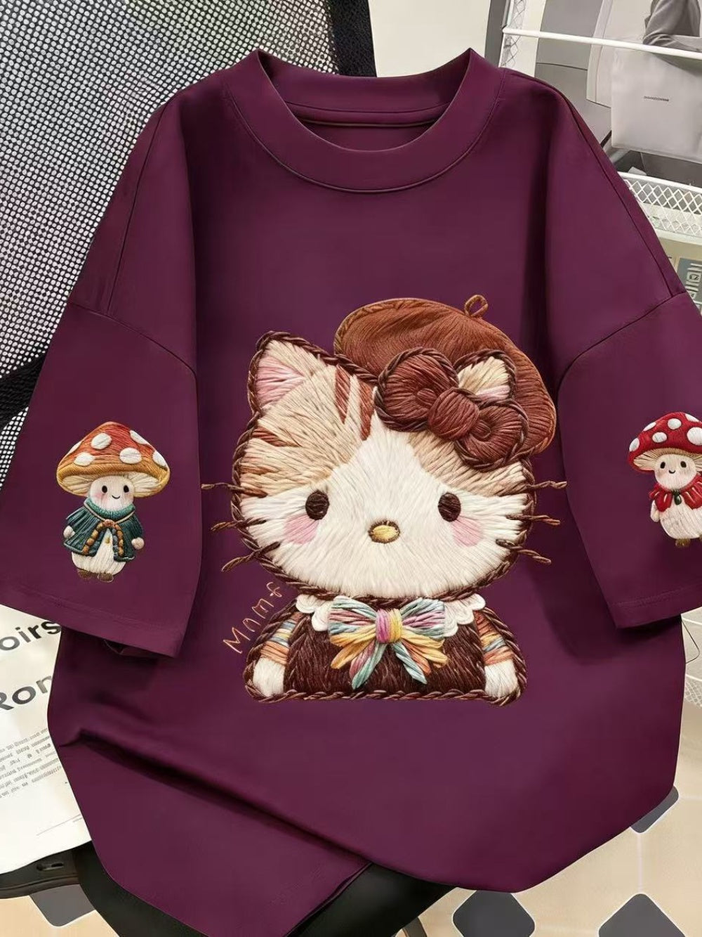 Embroidered Hello Kitty Oversized Cotton T-Shirt, Mushroom Print Casual Tee
