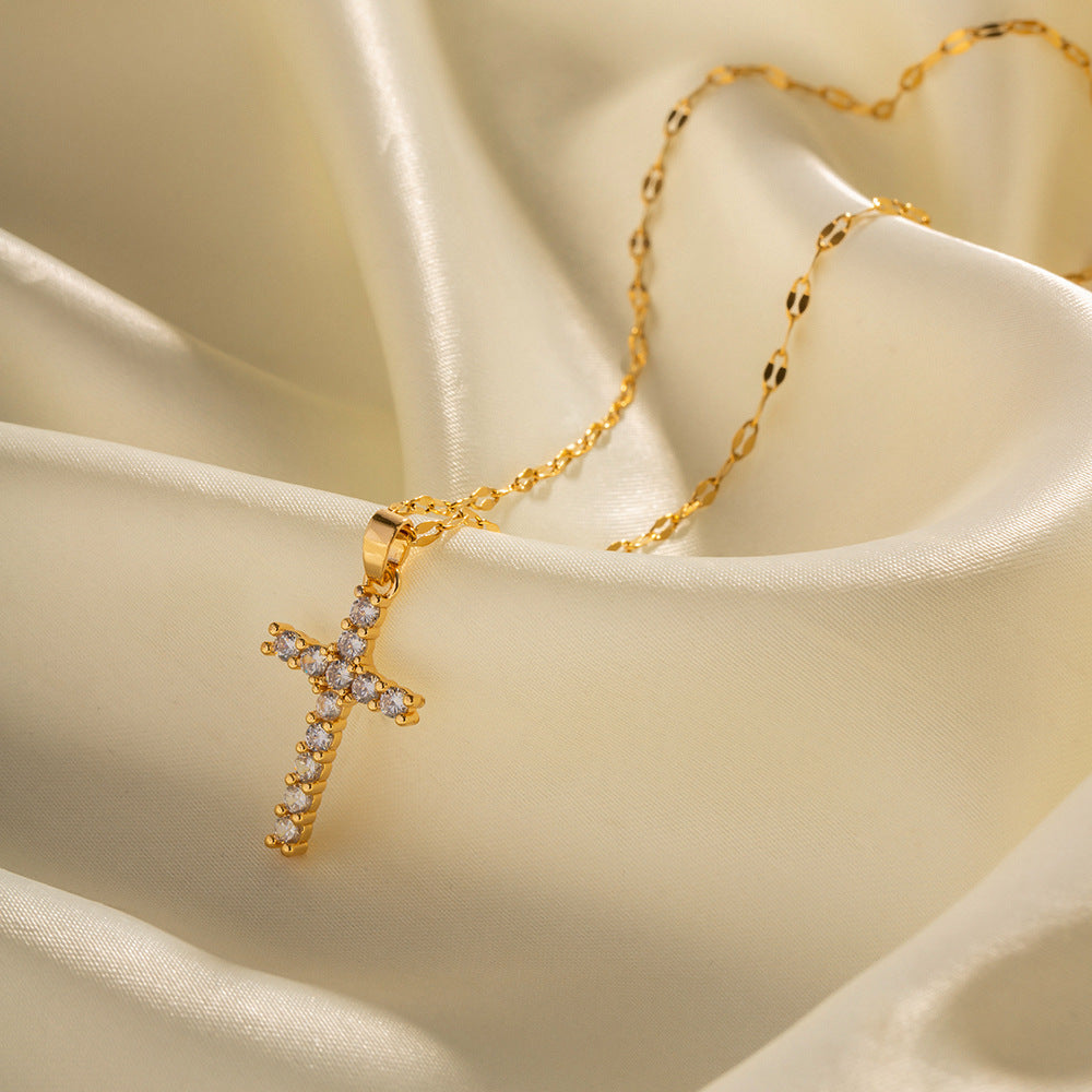 Stainless steel 18k gold-plated white zircon cross necklace