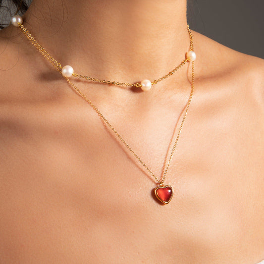 Stainless steel 18k gold-plated red heart necklace