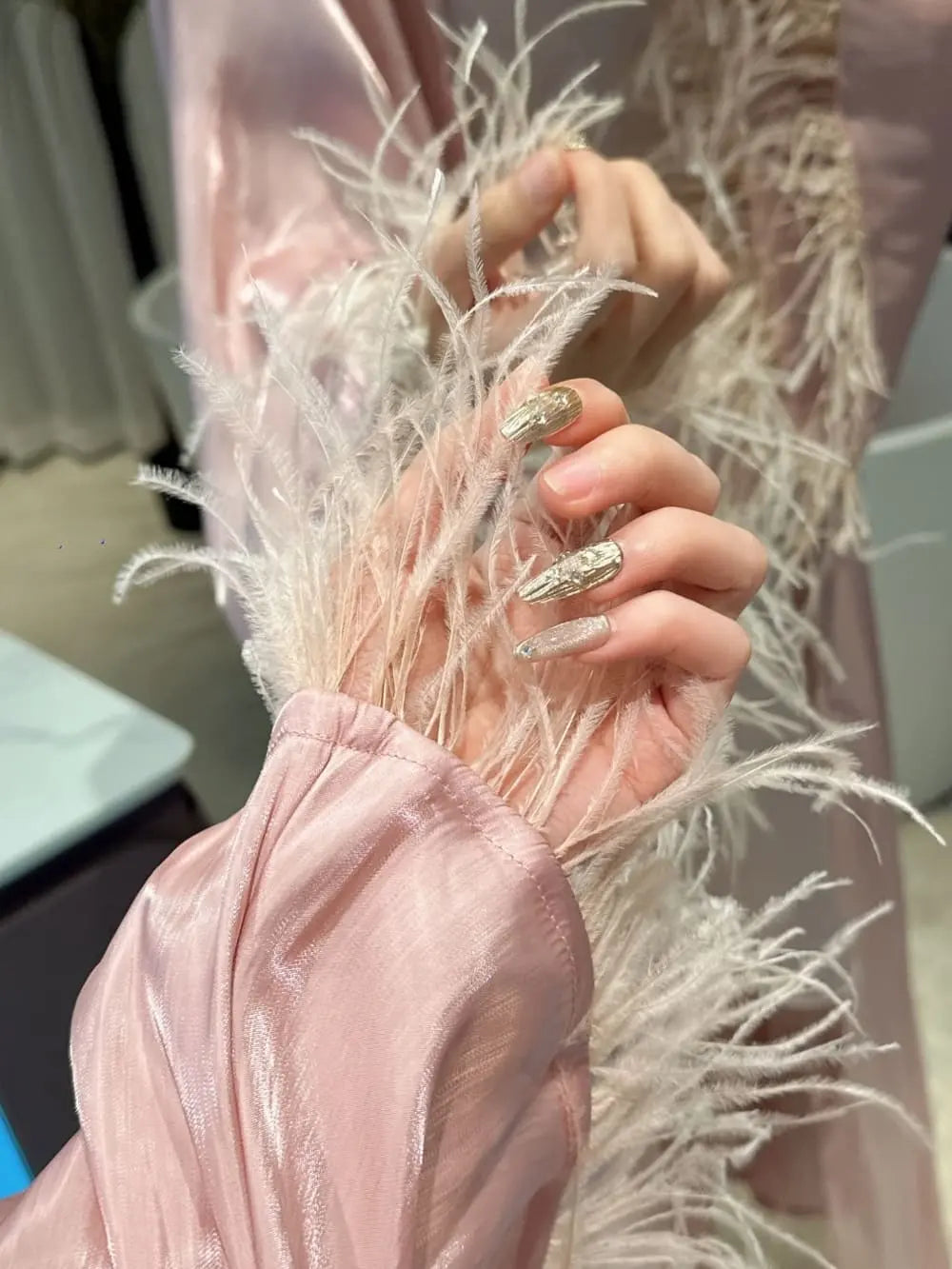 "Blush Feather" Satin Robe & Slip Dress Two-Piece Set