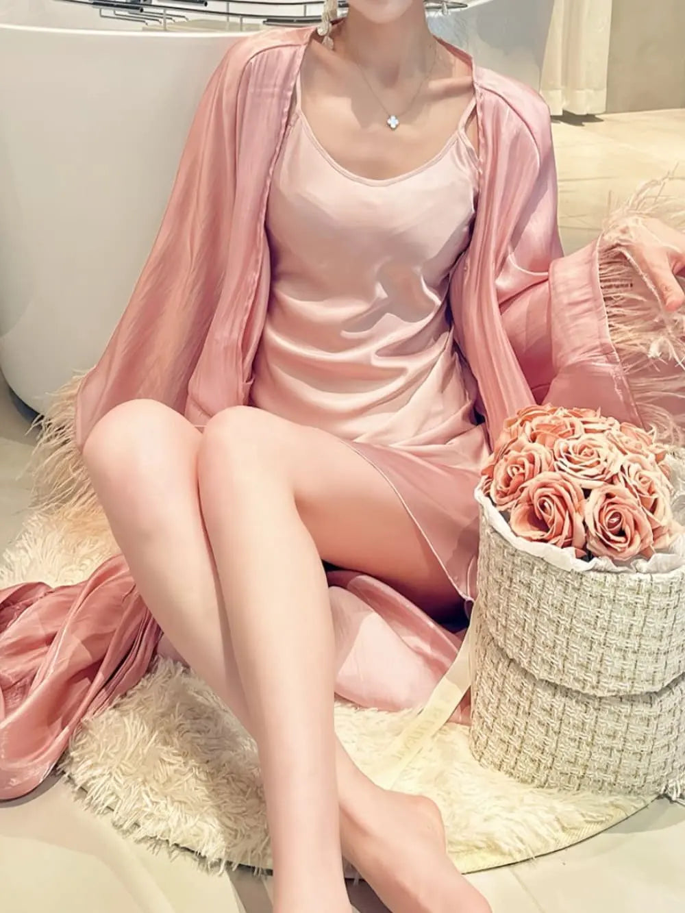 "Blush Feather" Satin Robe & Slip Dress Two-Piece Set