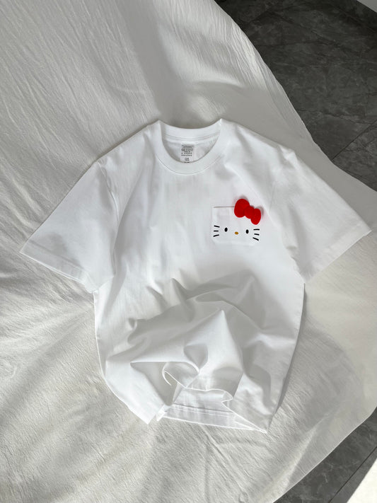 Hello Kitty Print Cute Pocket Round Neck Short-Sleeved T-Shirt