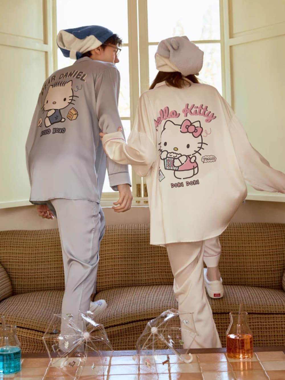 Hello Kitty & Dear Daniel Matching Satin Long-Sleeve Couple Pajama Set, Long-Length Sleepwear