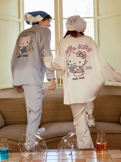 Hello Kitty & Dear Daniel Matching Satin Long-Sleeve Couple Pajama Set, Long-Length Sleepwear