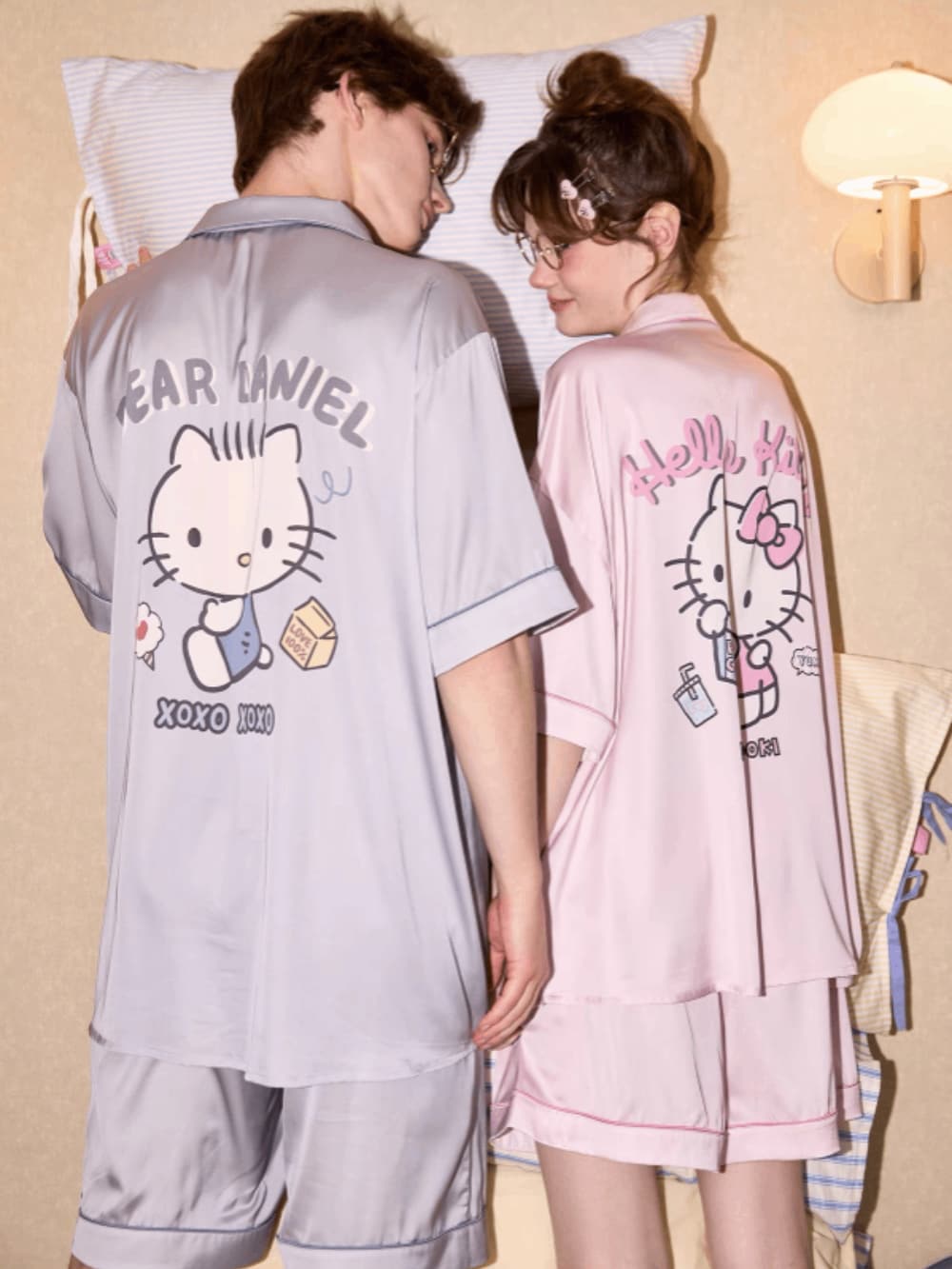 Hello Kitty & Dear Daniel Matching Satin Couple Pajama Set, Short Sleeve Sleepwear
