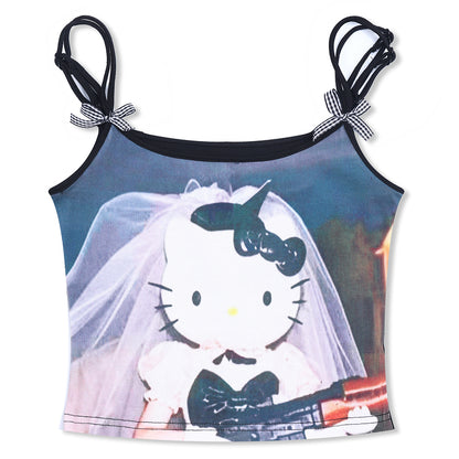 HK Print Slim Fit Cami Top - Sexy Short Summer Vest for Women