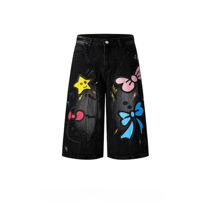 HK Graffiti Denim Shorts - Unisex Wide Leg Capris for Summer (S-XL)