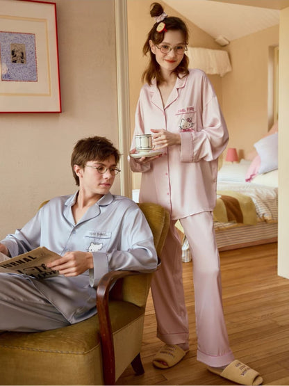 Hello Kitty & Dear Daniel Matching Satin Long-Sleeve Couple Pajama Set, Long-Length Sleepwear