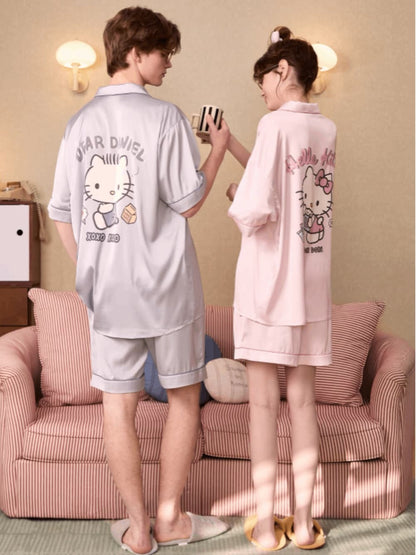 Hello Kitty & Dear Daniel Matching Satin Couple Pajama Set, Short Sleeve Sleepwear