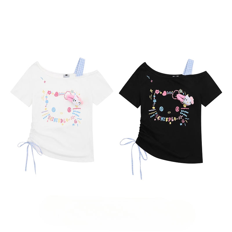HK Retro Off-Shoulder Tee - Oversized Drawstring Top for Women