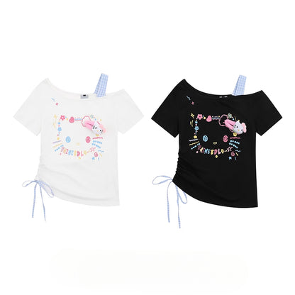 HK Retro Off-Shoulder Tee - Oversized Drawstring Top for Women