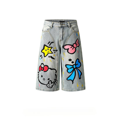 HK Graffiti Denim Shorts - Unisex Wide Leg Capris for Summer (S-XL)