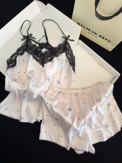 Black Lace Pink Satin Pajama Set for Women 2 Piece Silky Lingerie Sleepwear Camisole Pj Shorts Set Soft Nightwear