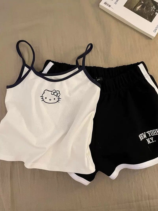 HK Built-in Bra Tank & Shorts Set - Pure Cotton Sleepwear for Girls