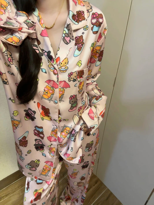 HK Satin Pajama Set for Women, Hello Kitty Silk Sleepwear with Matching Scrunchie