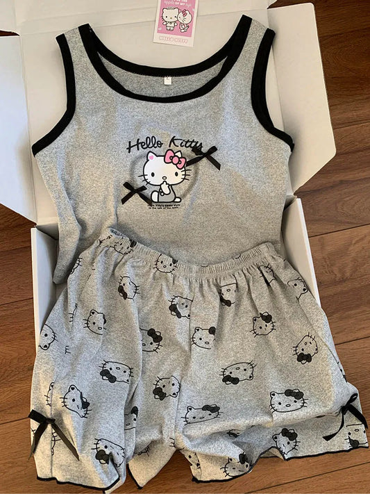 Kawaii HK-Inspired Summer Pajama Set with Built-in Bra - Cami & Shorts Lounge Set for Women, Breathable Sleepwear