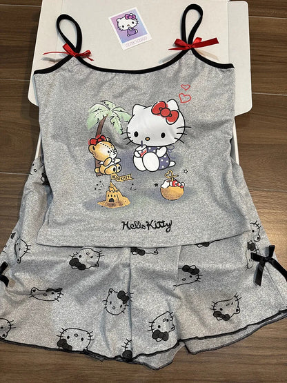Kawaii HK-Inspired Summer Pajama Set with Built-in Bra - Cami & Shorts Lounge Set for Women, Breathable Sleepwear