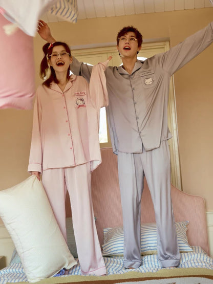 Hello Kitty & Dear Daniel Matching Satin Long-Sleeve Couple Pajama Set, Long-Length Sleepwear