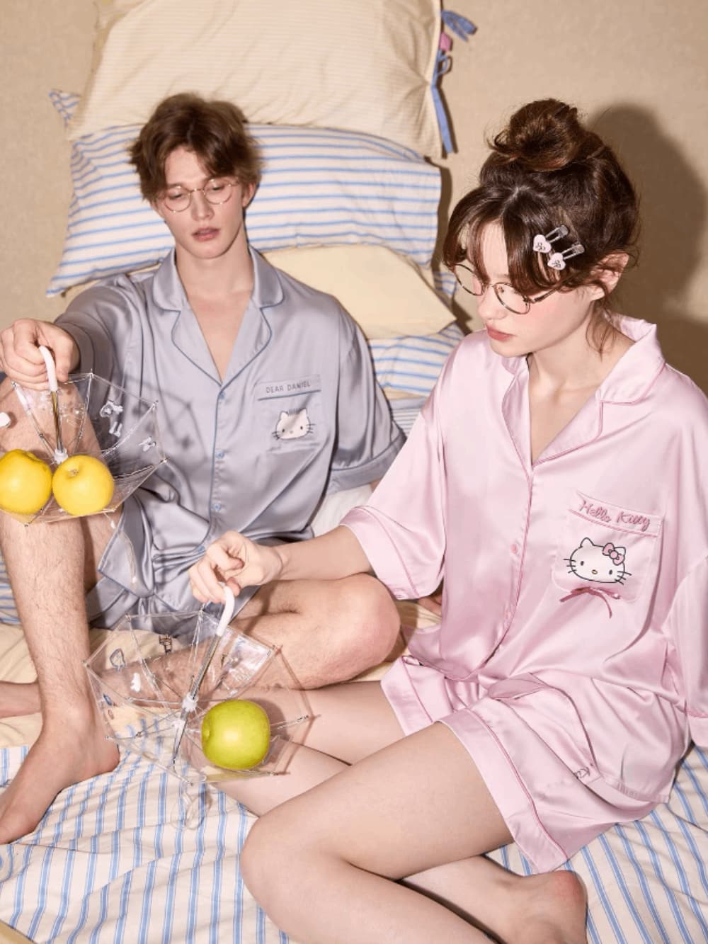 Hello Kitty & Dear Daniel Matching Satin Couple Pajama Set, Short Sleeve Sleepwear