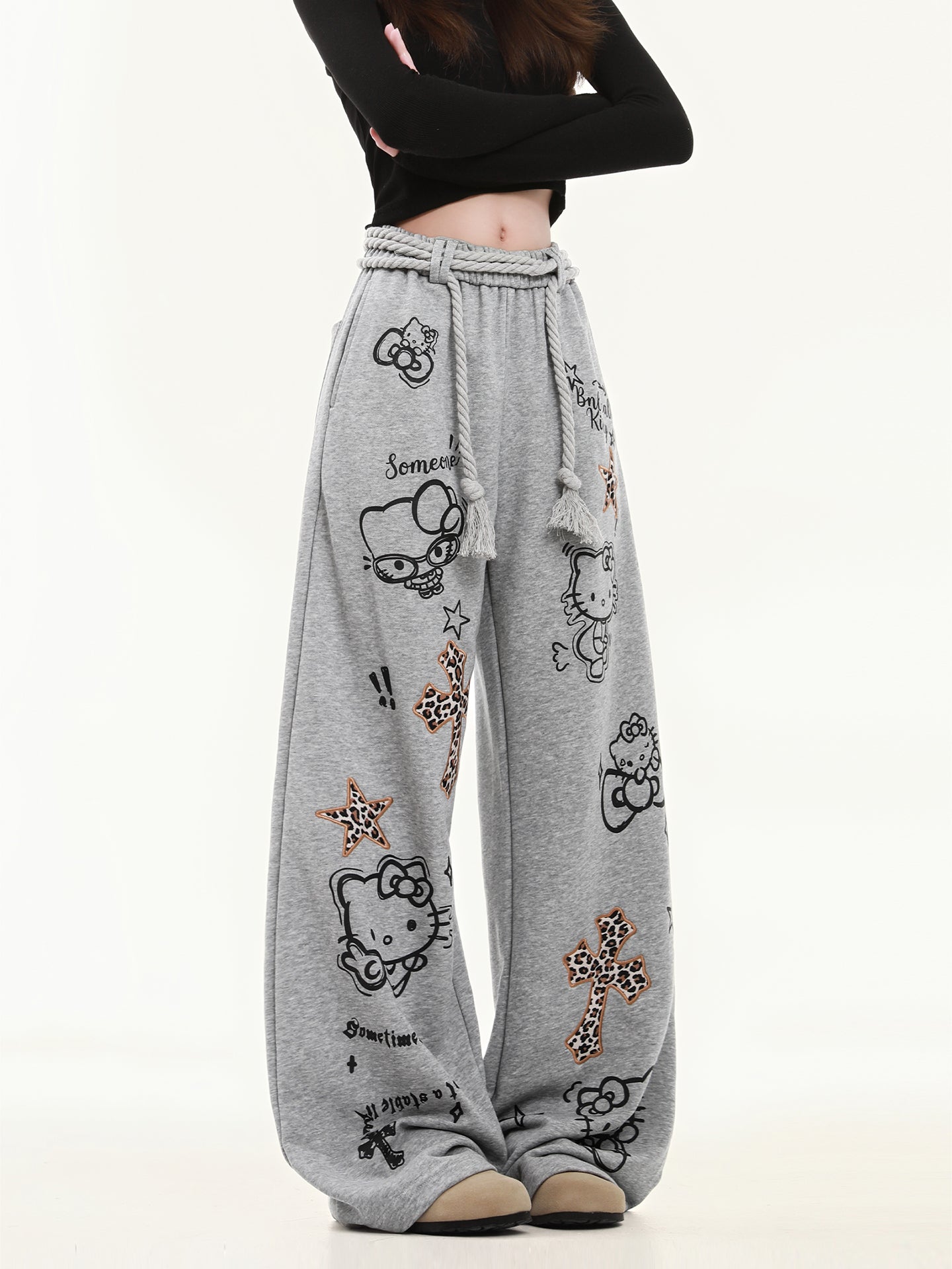 HK Wide Leg Sweatpants for Women – KT Print Loose Fit Casual Pants, Autumn Straight Leg Trousers