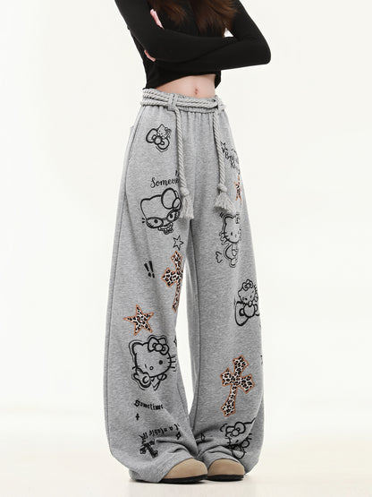 HK Wide Leg Sweatpants for Women – KT Print Loose Fit Casual Pants, Autumn Straight Leg Trousers