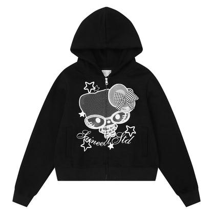 HK Cartoon Bow Hoodie Jacket for Women – Cute Kitty Print Zip Up Sweatshirt, Casual Y2K Short Coat
