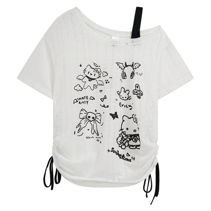 HK Off-Shoulder Crop Top - Drawstring Waist Summer Tee for Women