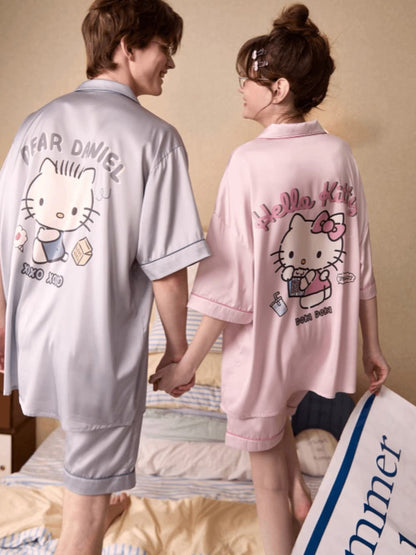 Hello Kitty & Dear Daniel Matching Satin Couple Pajama Set, Short Sleeve Sleepwear