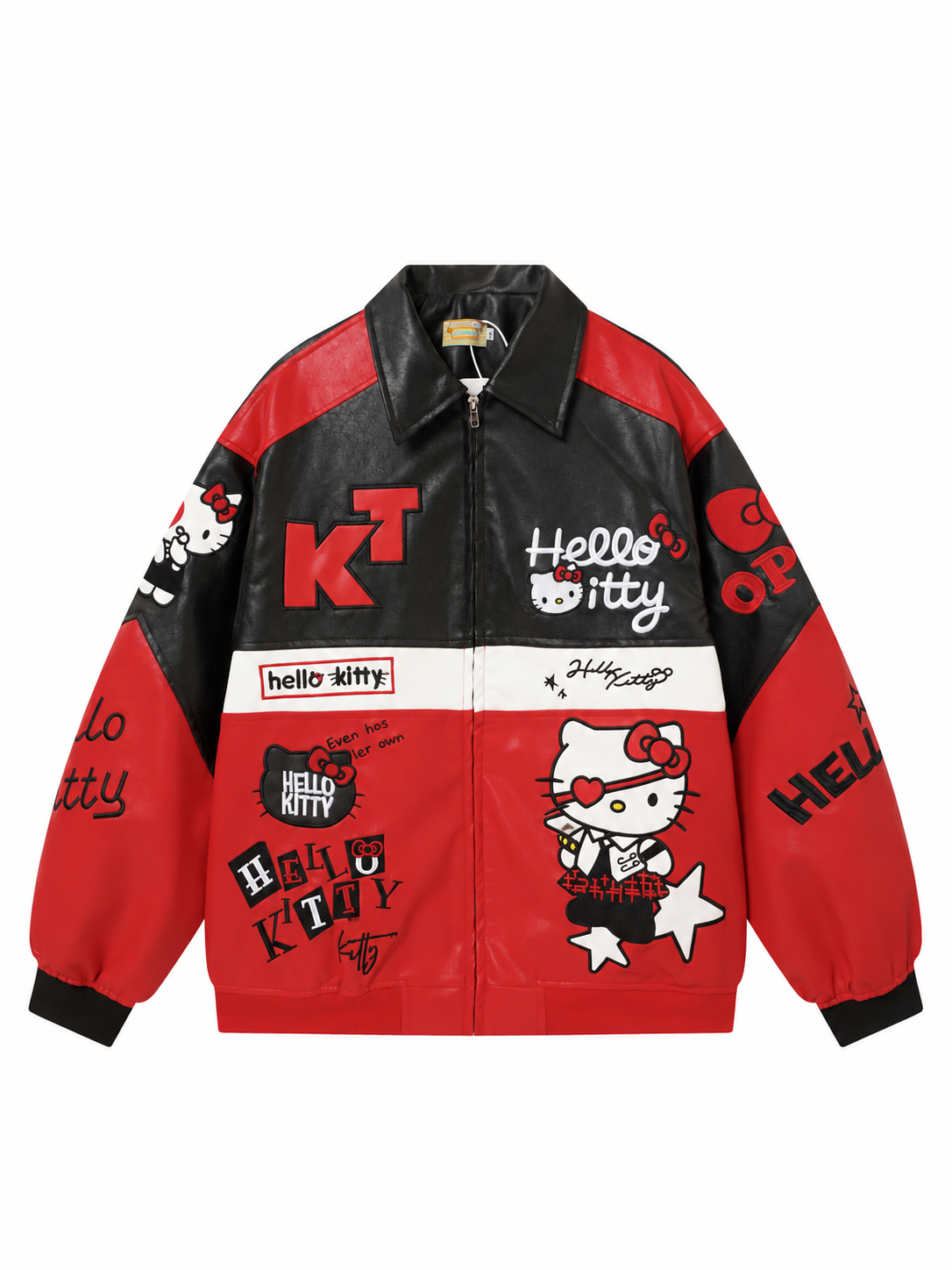 Hello Kitty Red & Black Embroidered Faux Leather Jacket Unisex Coats