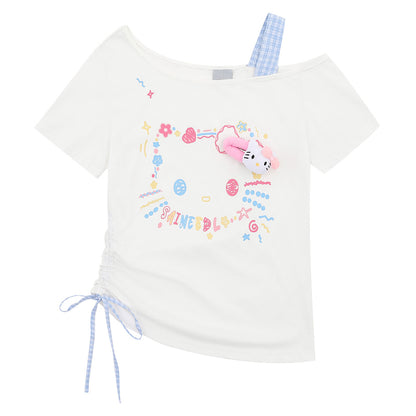 HK Retro Off-Shoulder Tee - Oversized Drawstring Top for Women