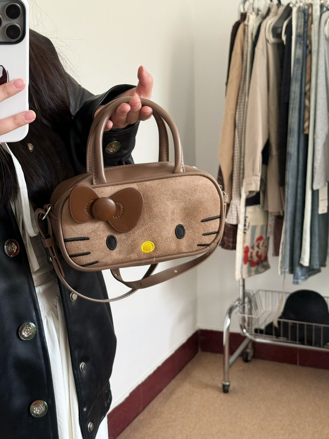 HK Boston Suede Crossbody Bag – Cartoon Style Autumn Shoulder Handbag