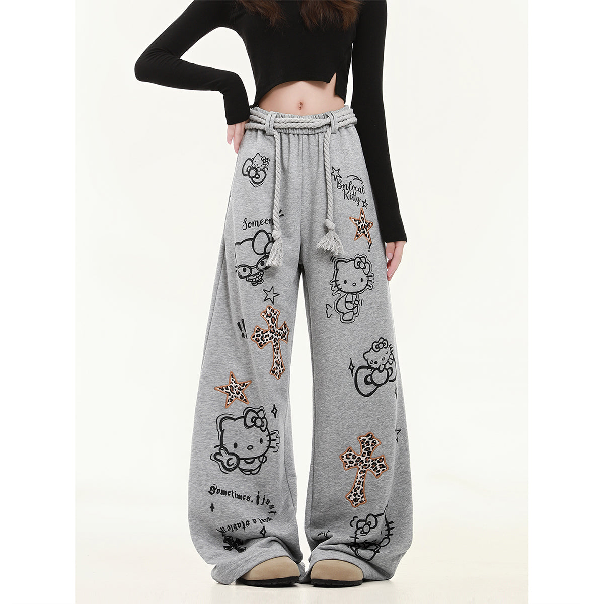 HK Wide Leg Sweatpants for Women – KT Print Loose Fit Casual Pants, Autumn Straight Leg Trousers