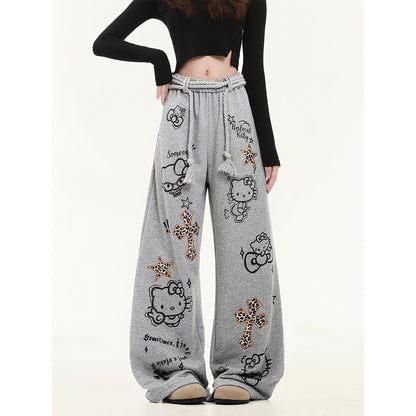 HK Wide Leg Sweatpants for Women – KT Print Loose Fit Casual Pants, Autumn Straight Leg Trousers