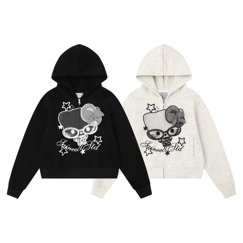 HK Cartoon Bow Hoodie Jacket for Women – Cute Kitty Print Zip Up Sweatshirt, Casual Y2K Short Coat