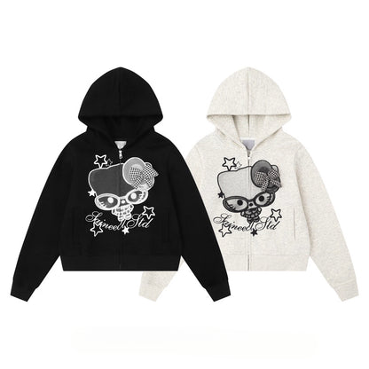 HK Cartoon Bow Hoodie Jacket for Women – Cute Kitty Print Zip Up Sweatshirt, Casual Y2K Short Coat