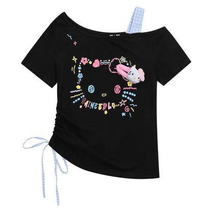 HK Retro Off-Shoulder Tee - Oversized Drawstring Top for Women