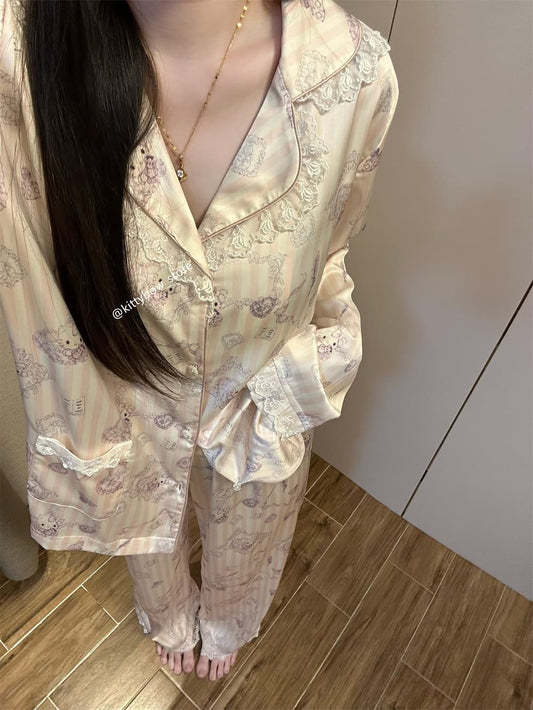 Hello Kitty Lace Trim Striped Satin Pajama Set for Women