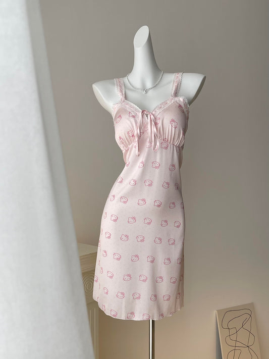 Hellokitty Pink Lace Silk Nightgown for Women Satin Slip Dress Nightdress