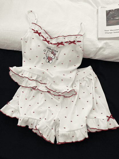 Hello Kitty Heart Print Cami & Shorts Pajama Set with Ruffle Trim