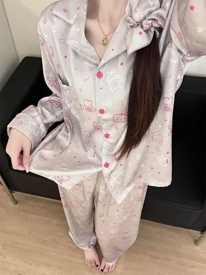 Hello Kitty Print Ice Silk Pajama Set for Women