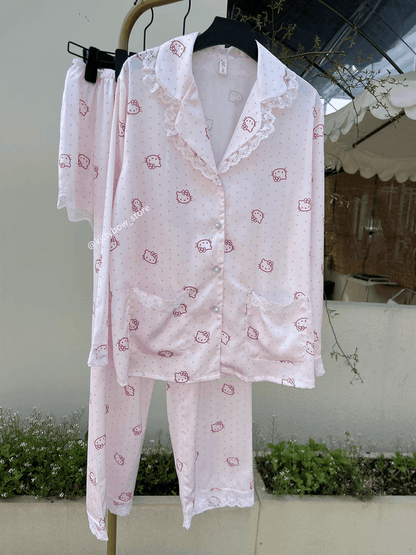 Hello Kitty Lace Trim Satin 4-Piece Pajama Set for Women