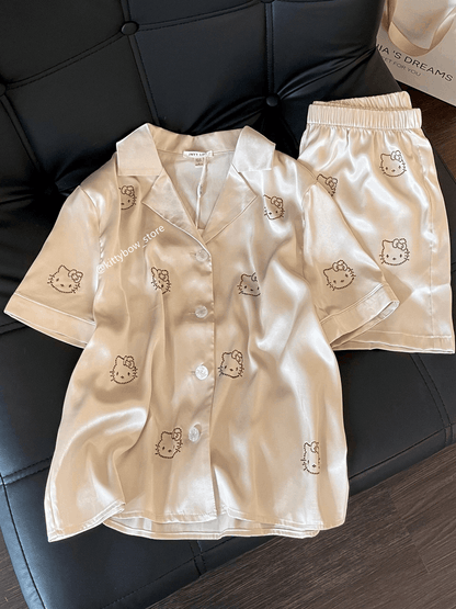 Champagne Satin Hello Kitty Rhinestone Pajama Set, Short Sleeve Loungewear for Women